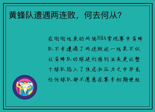 黄蜂队遭遇两连败，何去何从？
